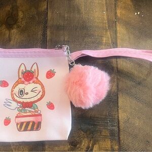 Kids Pink Strawberry Labubu Wristlet Pouch